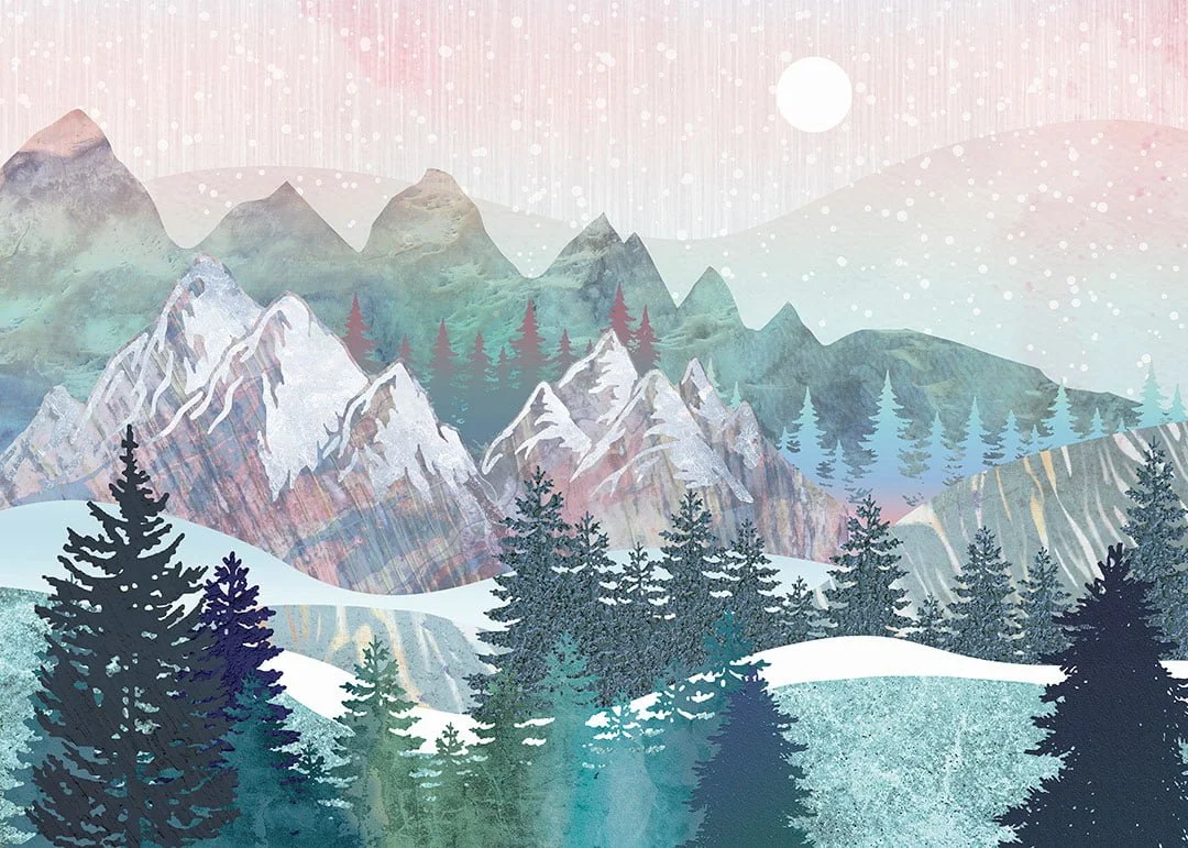 Nature wall mural with winter forest and mountains with metal textures