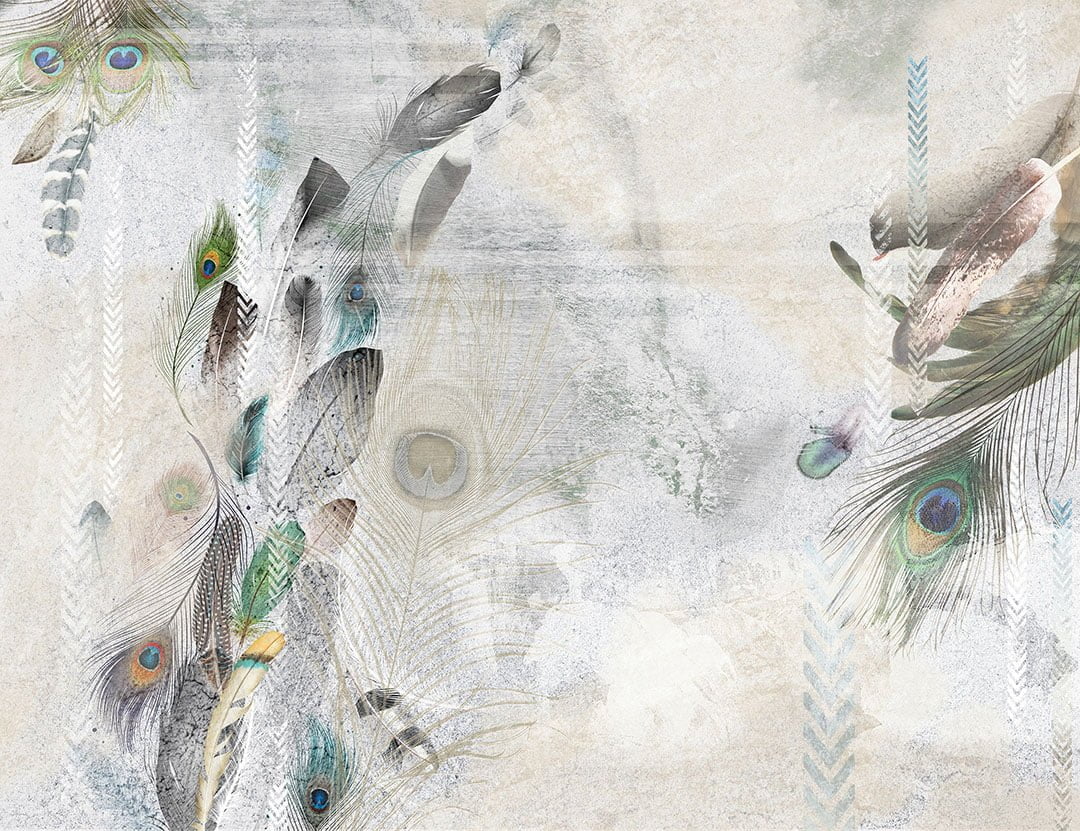 Designer wall mural with colorful peacock feathers