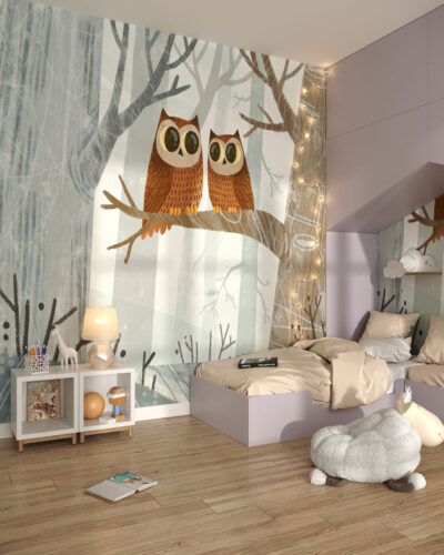 Dreamlike owls in a fairy forest wall mural for a children's room
