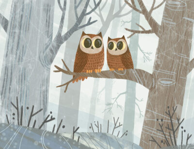 Dreamlike owls in a fairy forest wall mural
