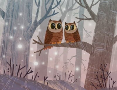 Dreamlike owls in a night fairy forest wall mural