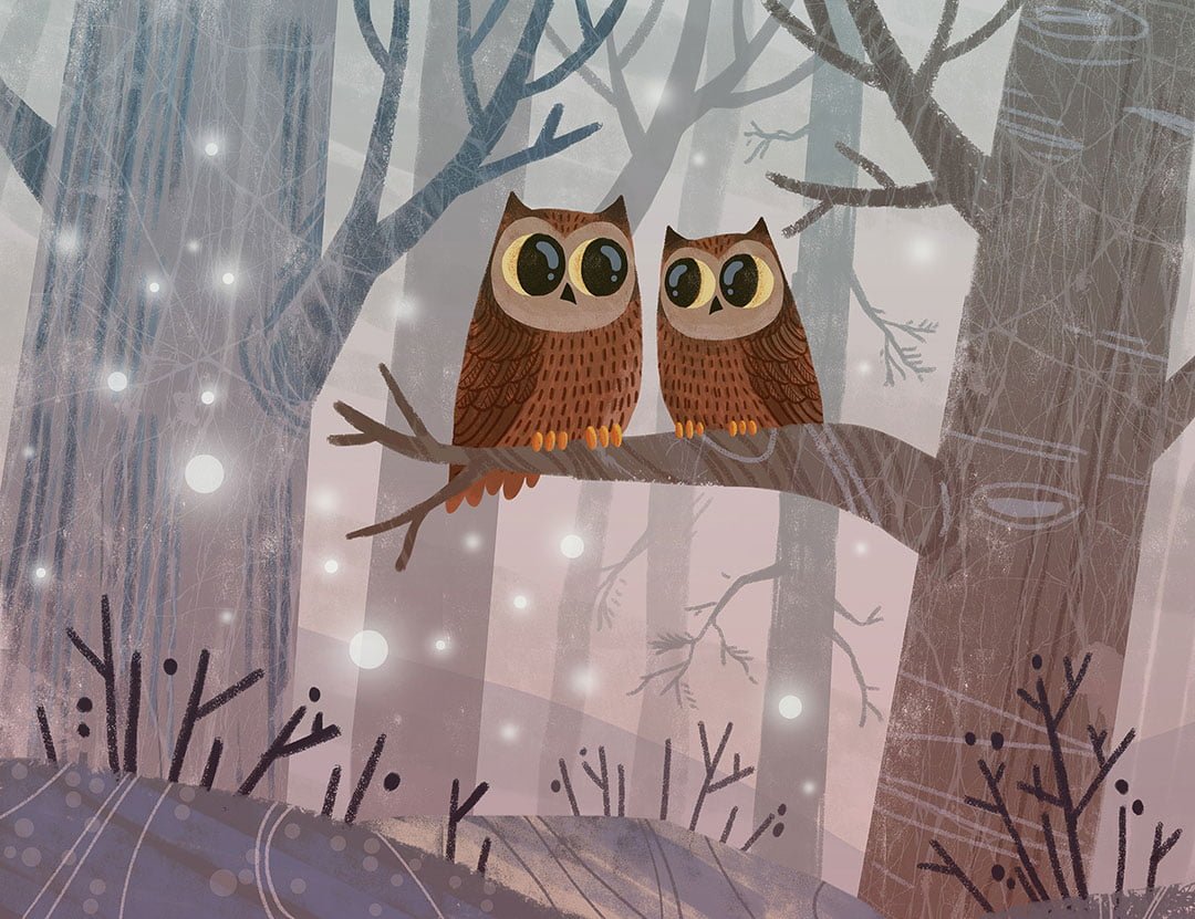 Dreamlike owls in a night fairy forest wall mural