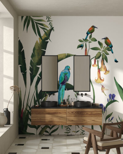 Minimalistic tropics wall mural with bright birds for the bathroom