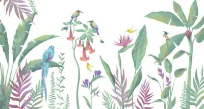 Minimalistic tropics wall mural with bright birds and plants