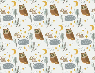 Owls and the moon patterned wallpaper on the light background