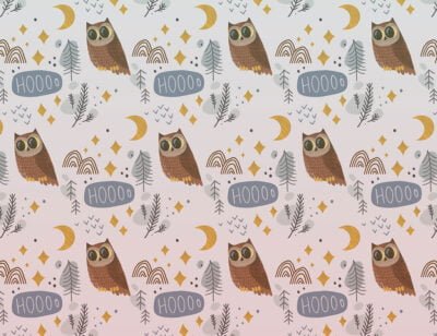 Owls and the moon patterned kids wallpaper on the gradient background