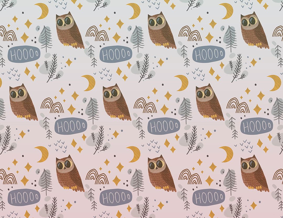 Owls and the moon patterned kids wallpaper on the gradient background