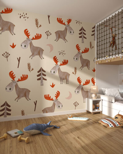 American moose with red antlers patterned wallpaper for a children's room