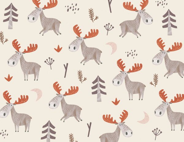 American moose with red antlers patterned kids wallpaper on the beige background