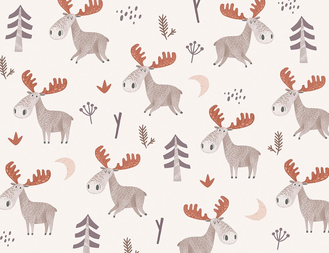 American moose with red antlers patterned kids wallpaper on the light background