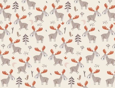 Patterned kids wallpaper with little American moose with red antlers on the beige background