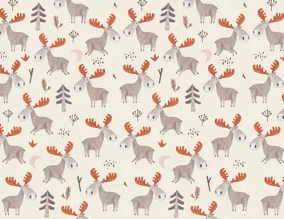 Patterned kids wallpaper with little American moose with red antlers on the beige background