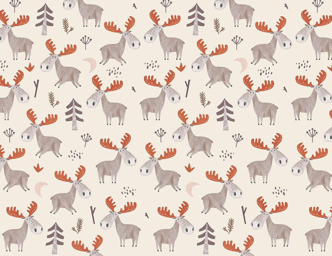 Patterned kids wallpaper with little American moose with red antlers on the beige background