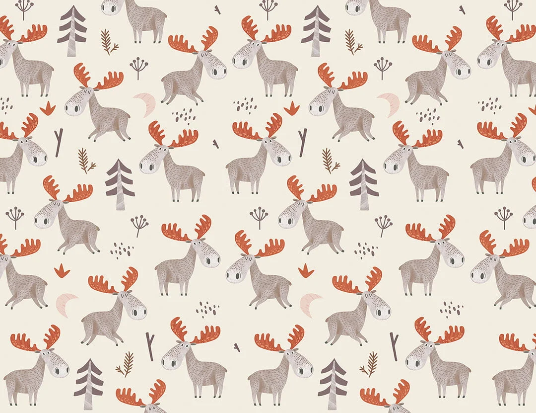 Patterned kids wallpaper with little American moose with red antlers on the beige background