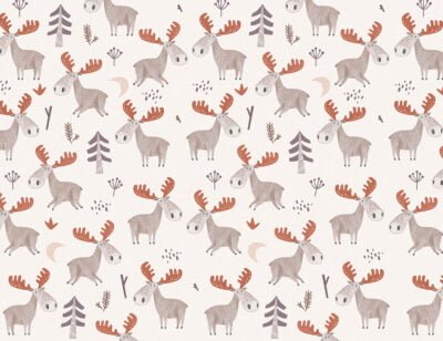 Patterned kids wallpaper with little American moose with red antlers on the light background