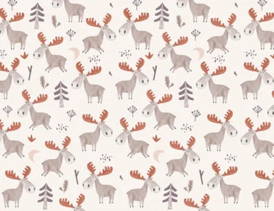 Patterned kids wallpaper with little American moose with red antlers on the light background