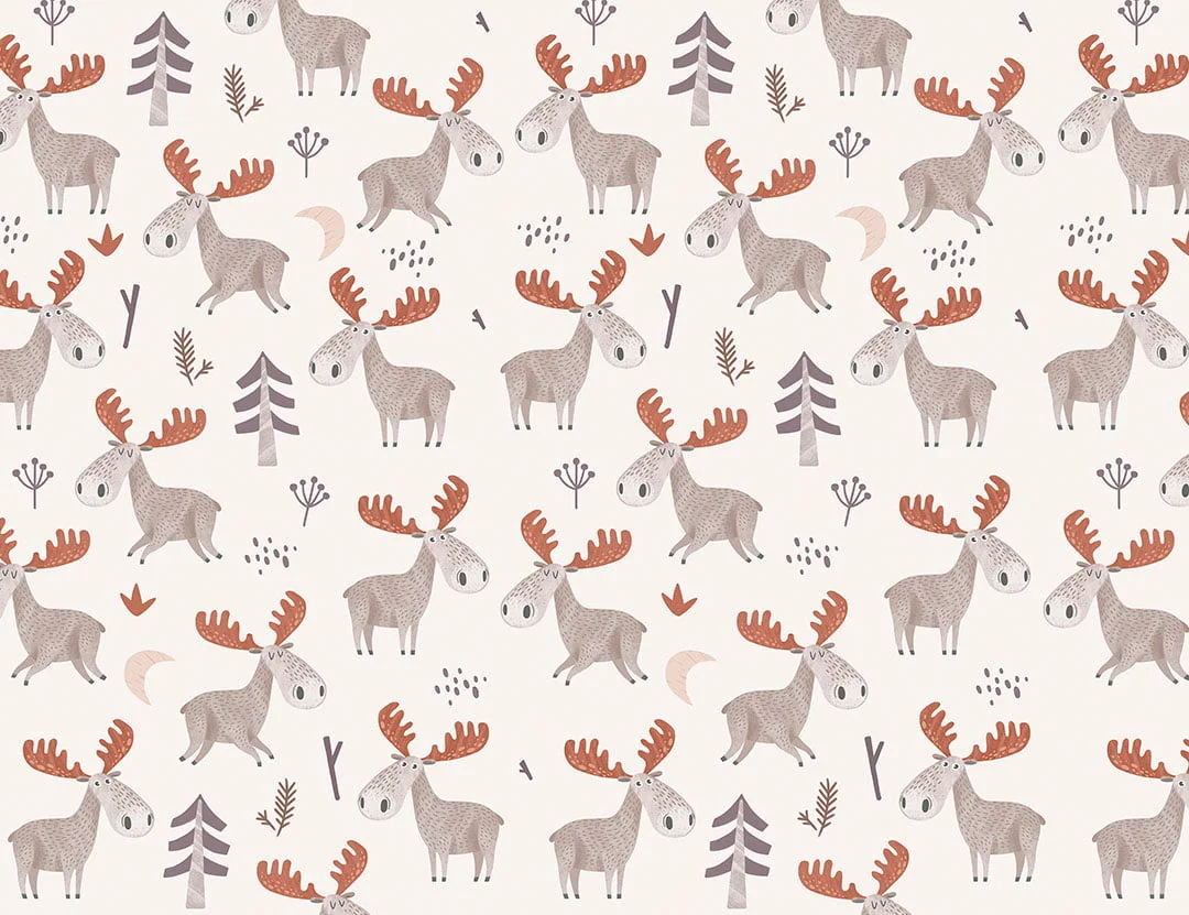 Patterned kids wallpaper with little American moose with red antlers on the light background
