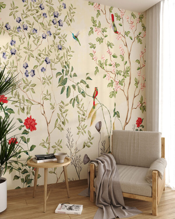 Chinoiserie wall mural with tree branches, flowers and birds for the living room