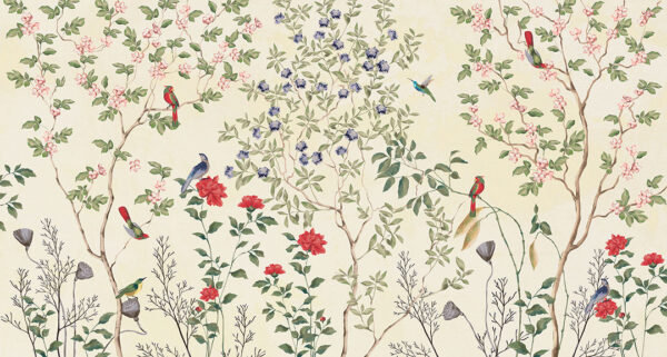 Chinoiserie wall mural with tree branches, flowers and birds on the beige background