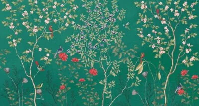 Chinoiserie wall mural with tree branches, flowers and birds on the green background