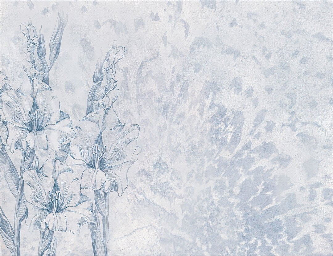 Asymmetrical lily flower wall mural in blue tones
