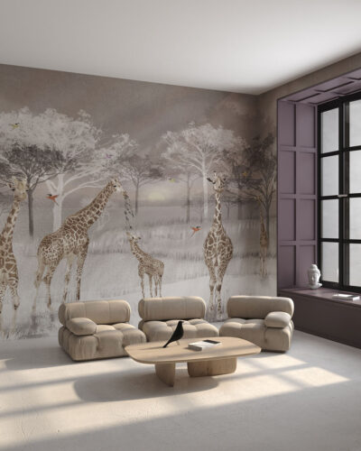 African savanna with giraffes and hummingbirds wall mural for the living room