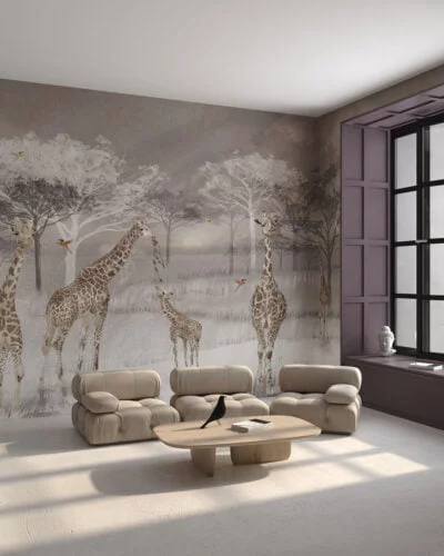 Nature wall mural for the living room with African savanna