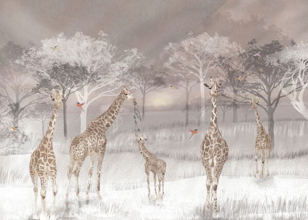 Nature wall mural with African savanna with giraffes and hummingbirds