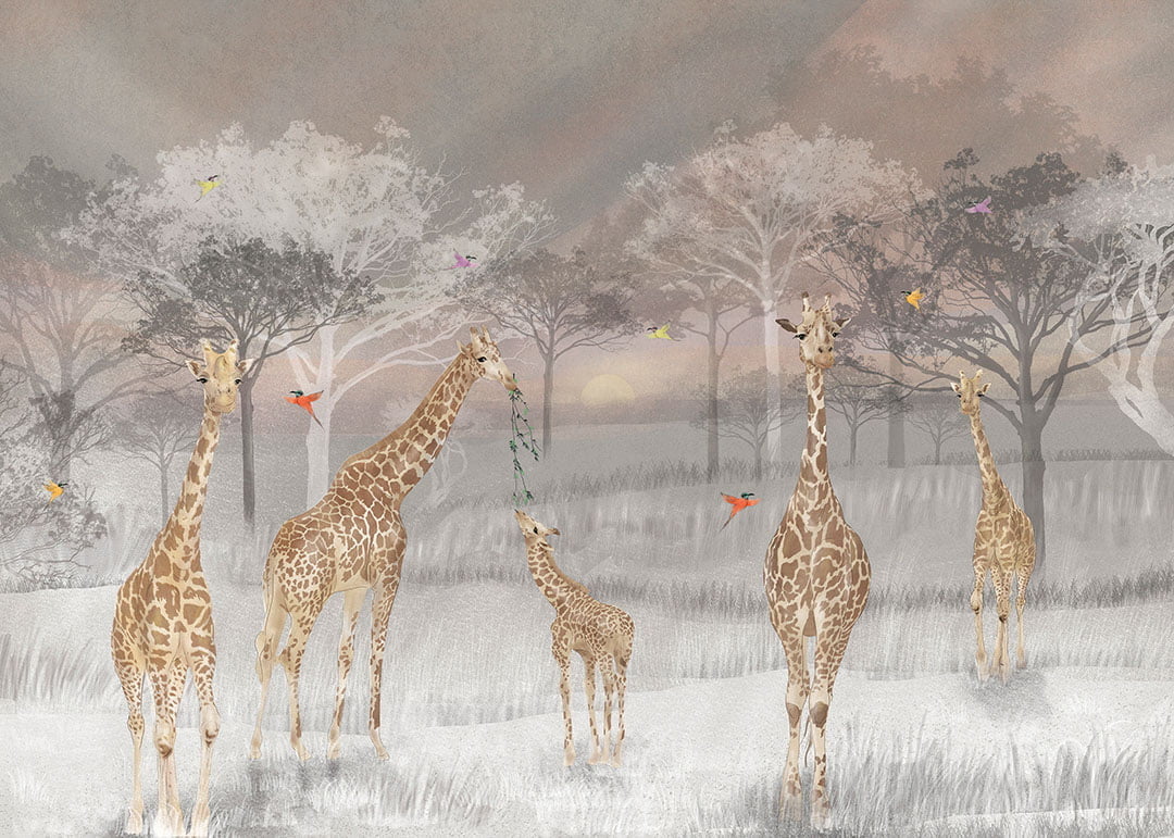 African savanna with bright giraffes and hummingbirds wall mural