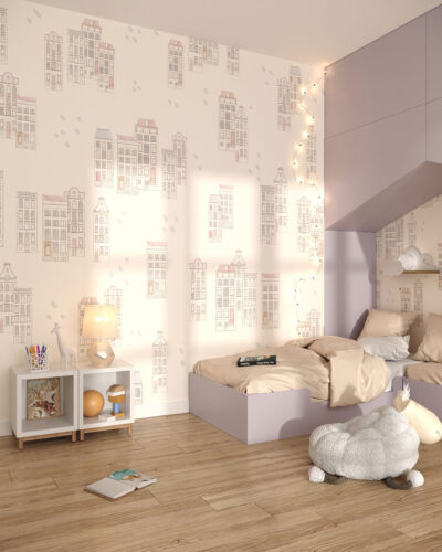 Patterned wallpaper of houses in the Victorian style for a children's room
