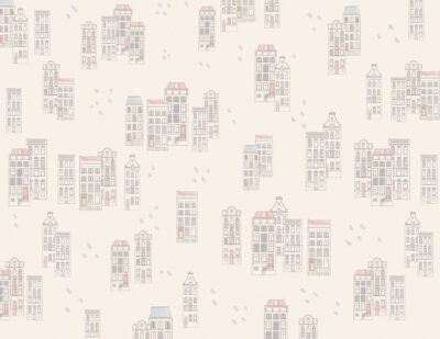 Patterned wallpaper of pastel houses in the Victorian style