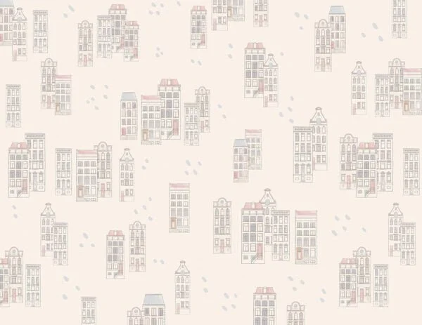 Patterned wallpaper of pastel houses in the Victorian style