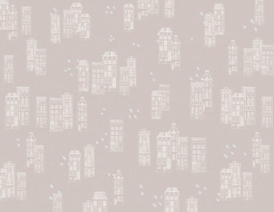 Patterned wallpaper of gray houses in the Victorian style