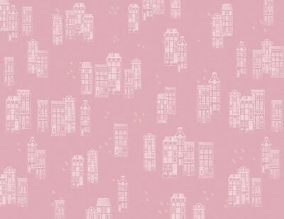 Patterned wallpaper of pink houses in the Victorian style