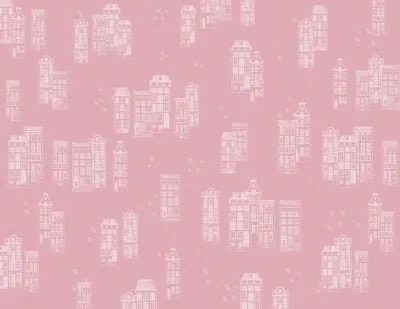 Patterned wallpaper of pink houses in the Victorian style