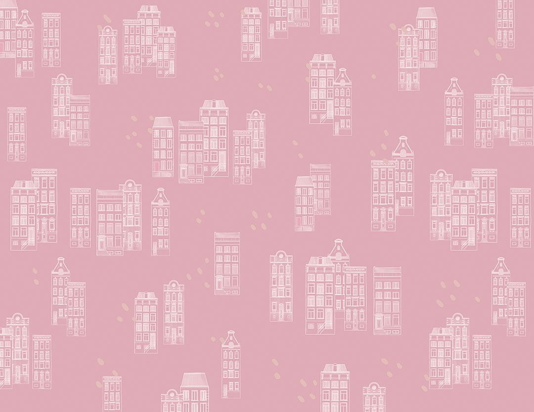 Patterned wallpaper of pink houses in the Victorian style