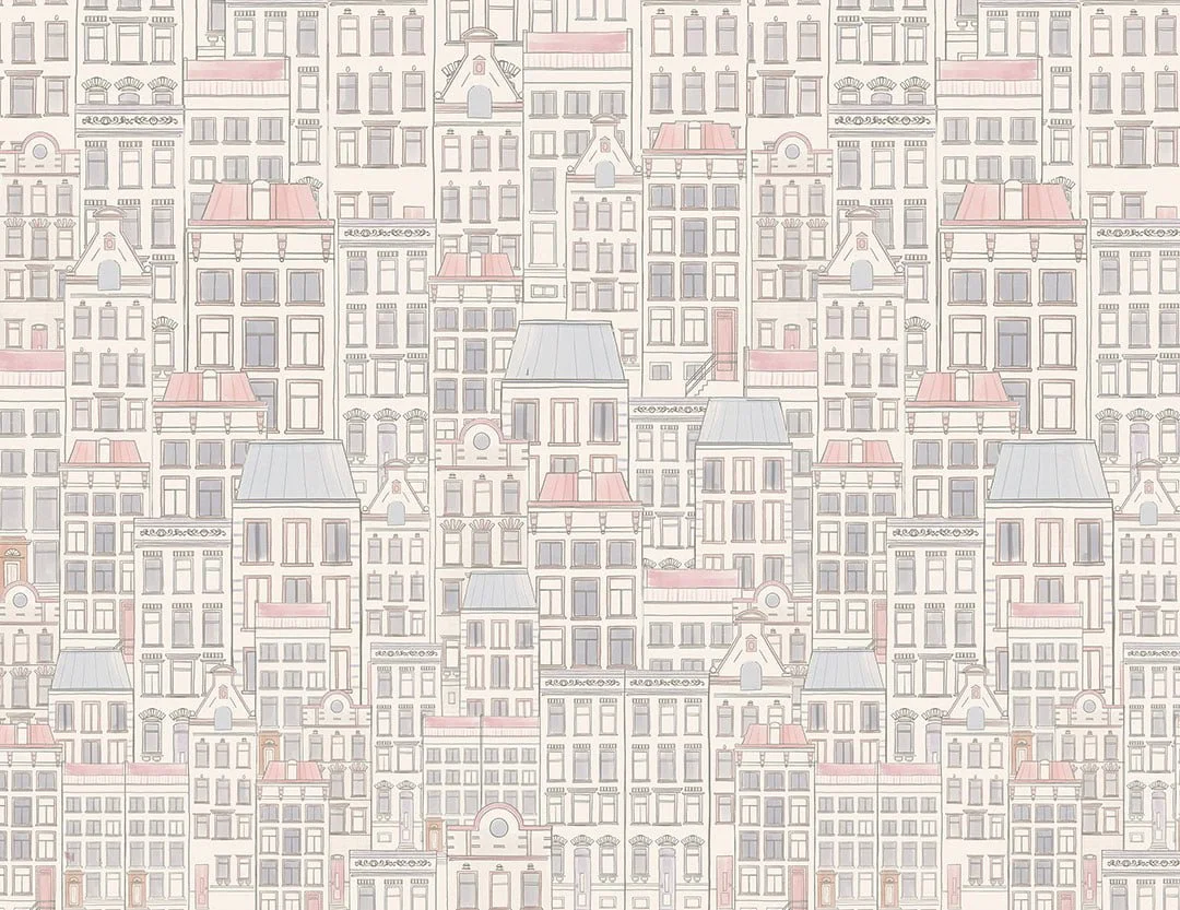Designer wallpaper with hand-drawn pastel minimalistic houses