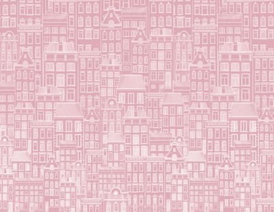 Designer wallpaper with hand-drawn pink minimalistic houses