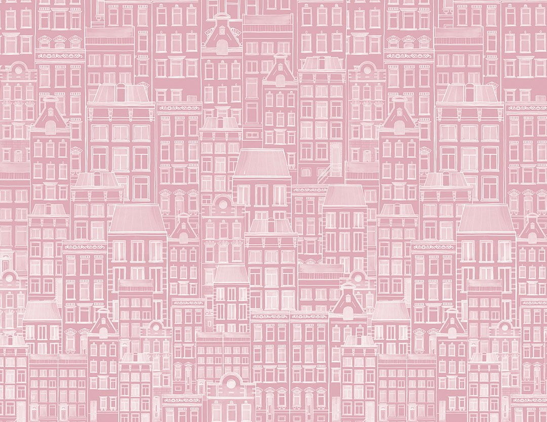 Designer wallpaper with hand-drawn pink minimalistic houses