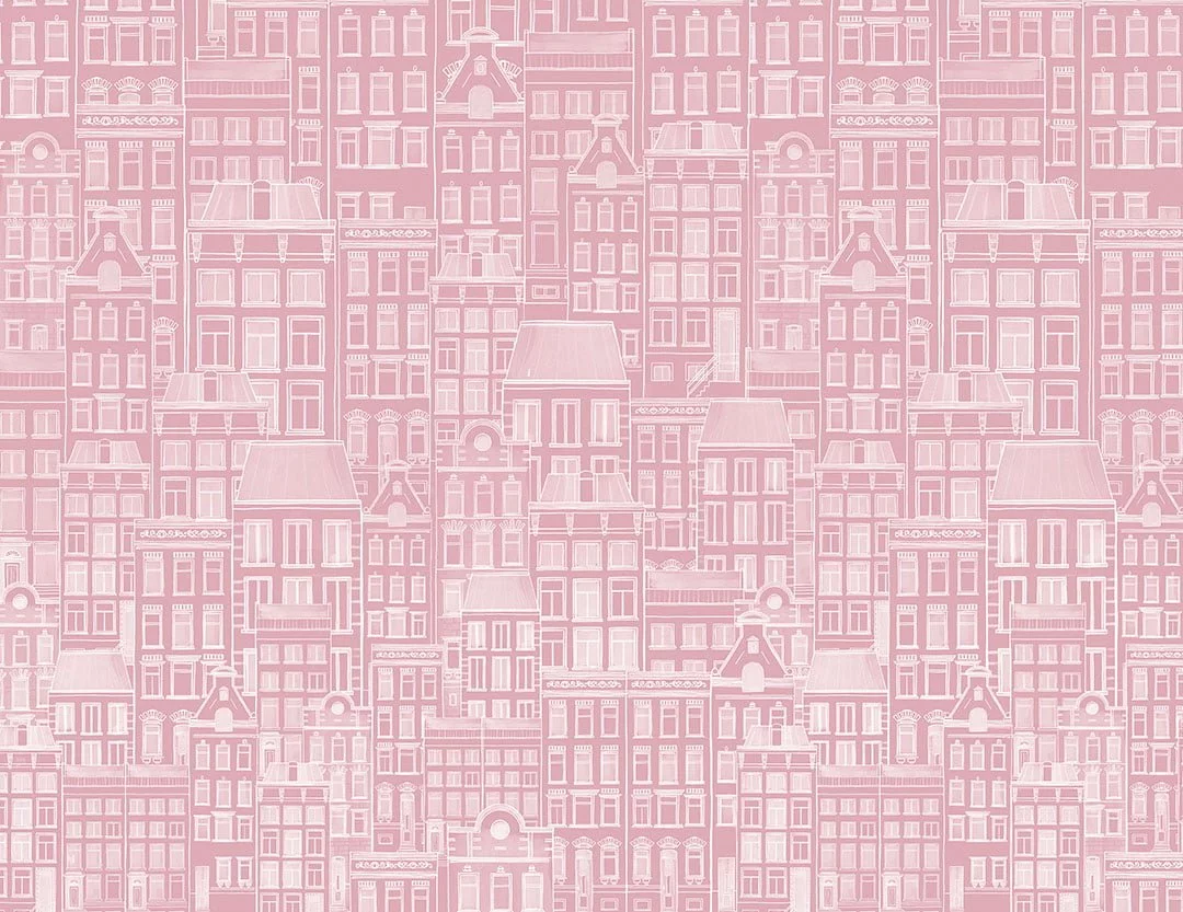 Designer wallpaper with hand-drawn pink minimalistic houses