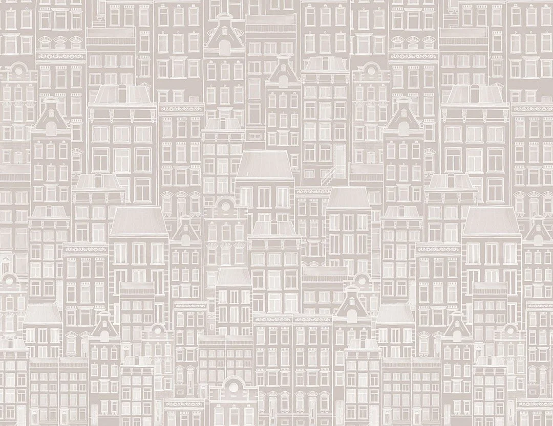 Designer wallpaper with hand-drawn beige minimalistic houses