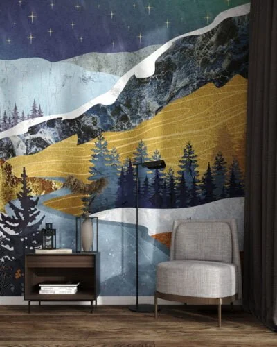 Forest and mountains wall mural for the living room with marble and gold textures