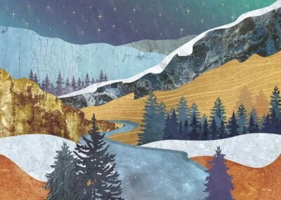 Forest and mountains wall mural with marble and gold textures
