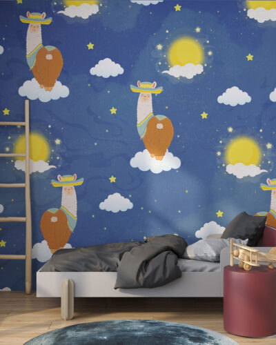 Mexican style patterned wallpaper with llamas on clouds for a children's room