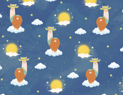 Mexican style patterned wallpaper with llamas on clouds