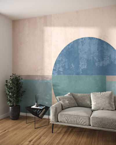 Geometric shapes wall mural with decorative plaster effect for the living room