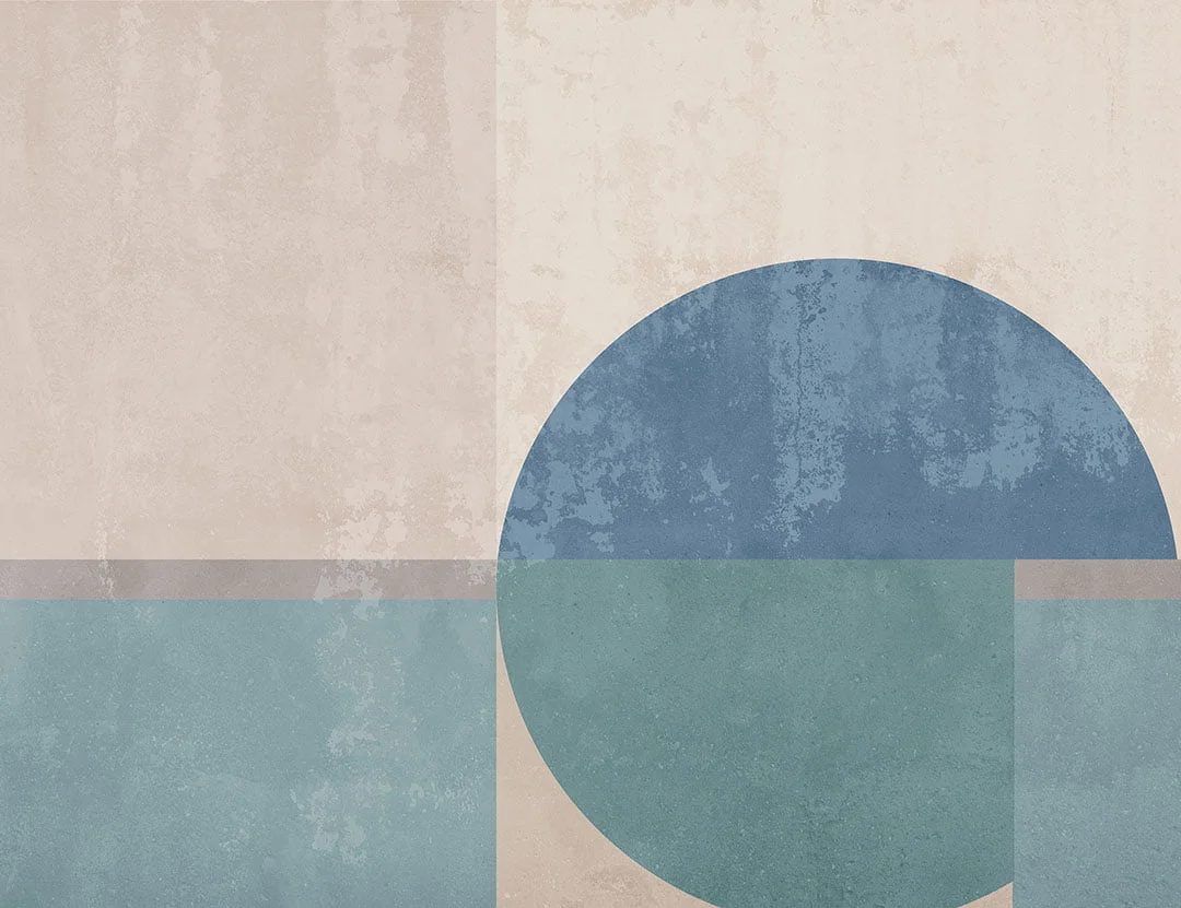 Geometric wall mural with blue and beige shapes under decorative plaster effect
