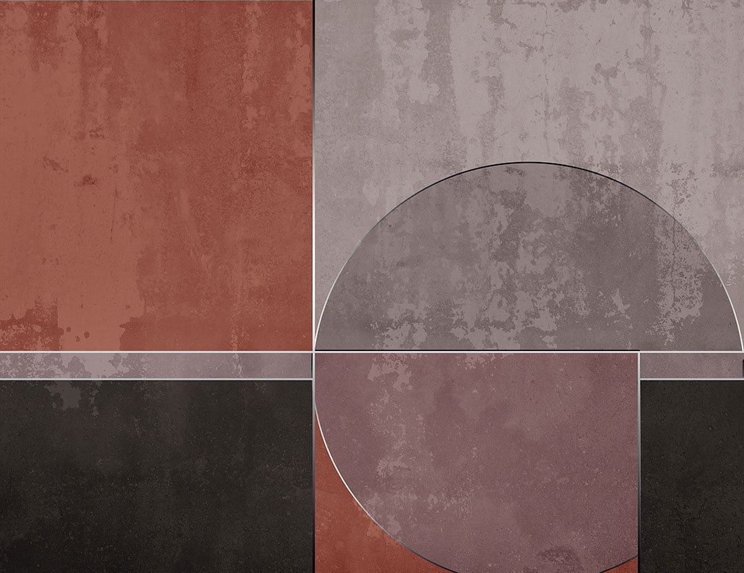 Geometric wall mural with dark shapes under decorative plaster effect