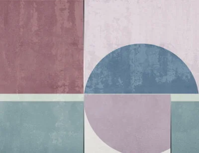 Geometric wall mural with blue and purple shapes under decorative plaster effect