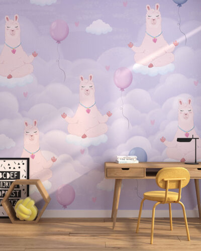 Patterned wallpaper for a children's room of a llama meditating on clouds